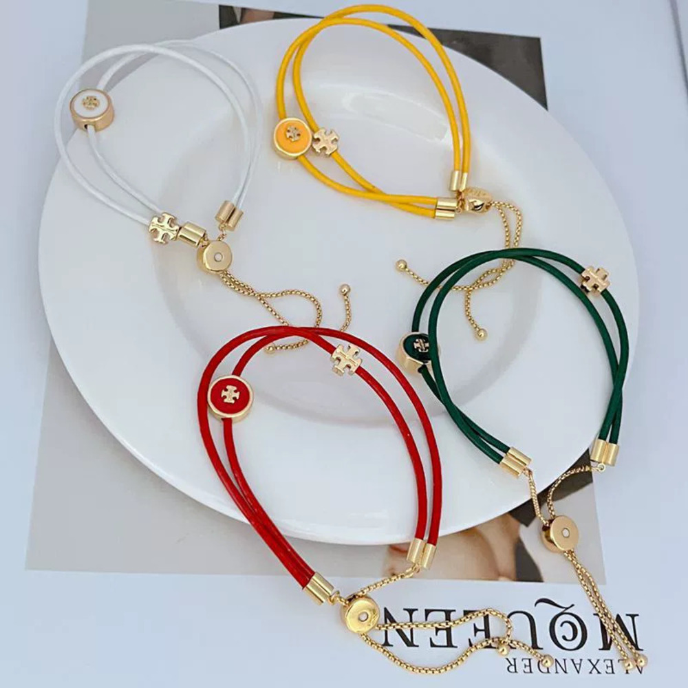 Tory Burch Gold Plated 2 Layer Adjustable Colored Leather Bracelet